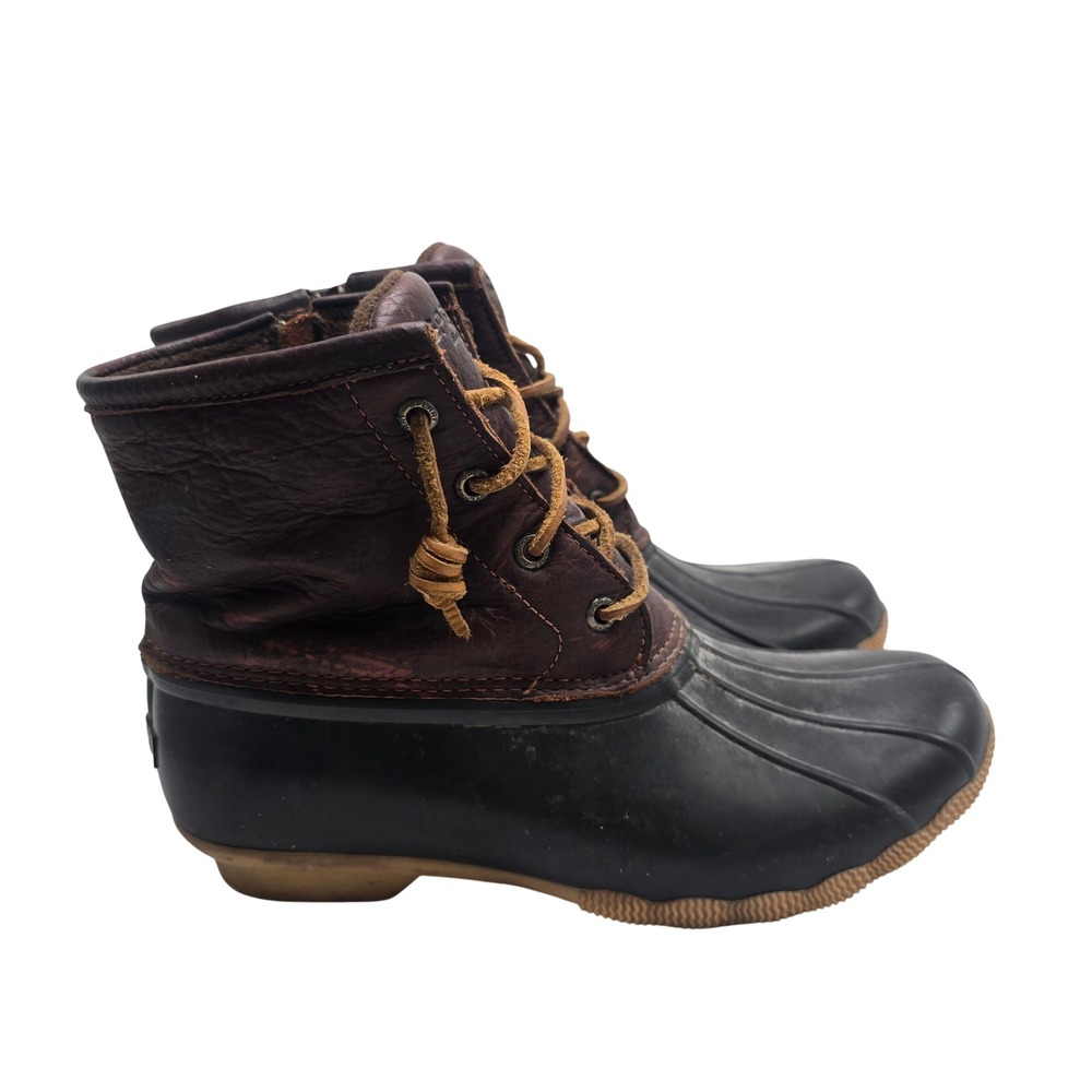 Sperry Saltwater Duck Boots Women 8.5 Brown Black Leather Rubber Waterproof Prep